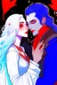 Placeholder: A couple from the dnd game curse of Strahd. The woman has long white hair and blue eyes, the man has LONG BLACK hair and red eyes, no facial hair. KISSING