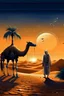 Placeholder: The sun is setting in the desert. An Arab man is guiding his camel to a palm tree in the far distance. The moon is the full and the stars are bright. A giant pelican is standing in the sand.