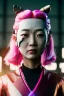 Placeholder: portrait, Asian cyborg woman, samurai warrior :: symmetry photography, cyberpunk style, pink hair, wires conveying, perfect eyes, samurai helmet, tiger mask, black samurai army, katana, japanese traditional ornaments, pink, white, black, glow eyes, cinematic, Ultra realistic, dark scene, soft color, highly detailed, unreal engine 5, RTX, ultra detail, 3d, finely drawn, high definition.