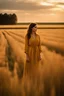 Placeholder: A beautiful brunette woman with sharp cheekbones is standing in a field in Thuringia at dawn. She is wearing a mustard linen dress and seen from afar.