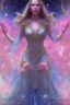 Placeholder: Create an image of a full body cosmic Goddess. The goddess should be depicted as a beautiful and powerful figure, surrounded by cosmic stars. Her hair should be long, blond and flowing, and she should be dressed in a flowing gown blue celestial robe. In the background, include imagery of pink flowers, blue sky,trees. The image should evoke a sense of joy, celebration, and spiritual connection to nature.