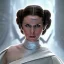 Placeholder: low angle beautiful half-body-portrait photo of princess leia from Star Wars played by Carrie Fisher, in the style of horizon zero dawn wlop, artgerm, akihiko yoshida, and liang xing, detailed face, doe eyes, intricate hair style, symmetrical eyes, trending on artstation, highly detailed, white dress, dynamic pose, intricate outfit, futuristic weapon, space ship and galaxy background