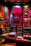 Placeholder: A magenta psychedelics library with telekinetic books painted by Jean-Michel Basquiat