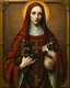 Placeholder: hauntingly illuminated medieval portrait of Saint Gertrude of Nivelles, her serene yet commanding presence radiating from the gilded frame as if stepping through time. Dressed in flowing 7th-century abbess robes of deep burgundy and gold, she cradles two sinuous Oriental Shorthair chocolate point Siamese cats like sacred relics—their piercing blue eyes glowing like sapphires against velvety sepia fur, their angular faces turned toward her with feline reverence. One paw rests on her embroidered s