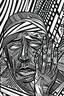 Placeholder: tribal man in grief with hands on face crazy shapes pencil draw style of roy lichtenstein