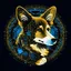 Placeholder: Blue and gold circle logo. Side profile of a cute corgi dog made entirely of gold circuit board traces, fingerprint and neural network superimposed behind