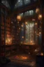 Placeholder: Forest library, autumn, many books,nature,natural lines, lamp garlands, twilight,dark,botanical maximalism boho style, hyperrealism, hyperdetalization, high quality, 32k, dark botanical, bionics, bionic elements,grunge, magic, fantasy, many complex details, filigree, clarity, sharpness, 8d painting, concept art, 35 mm, contrast