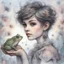 Placeholder: Whimsical and realistic ink, charcoal, markers, and oil painting, Impressionist style, realistic textures, minimalist approach, portrait of a young woman with a pixie cut hairstyle, holding a frog, ith delicate highlights, soft and dreamy background, pastel shades, fantastical ambiance, detailed and intricate linework, fine art quality, intricate patterns, enchanting atmosphere, ethereal lighting, by a blend of Van Gogh and Mary Cassatt, Artstation. Modifiers: bokeh Nikon D850 highly detailed di