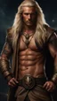 Placeholder: warriorking, long blonde hair, male age 30, tan skin, tattoos, jewels,photorealistic 4k dark fantasy