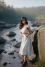 Placeholder: realistic, portrait and full body of a woman standing next to rocky river in country side, beautiful face with nice make up, sunlight, cinematic light, bangs, a beautiful woman, beautiful eyes, brown curved hair, perfect anatomy, very cute, princess eyes , (blue eyes) , nice sport shoes ,Centered image, stylized, life size,8k Resolution, low-cut dress with small blue details, human hands, wonder full, elegant, approaching perfection, dynamic, highly detailed, character sheet,