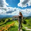 Placeholder: a luxury villa in beautiful Green hills covered with flowers colorfull ,blue sky heavy clouds with godray ,very nice flowers at closeup ,wonderfull mountains at distance,beautiful lady in modern pants and top walking to camera in front of villa