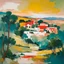 Placeholder: an abstract painting of an idyllic 16th century Spanish villa set amidst rolling hills and ancient olive groves , in the imagery-stain painting style of Helen Frankenthaler and Jean-Michel Basquiat, rich natural colors, museum quality masterpiece