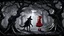 Placeholder: A charcoal and ink illustration of a dimly lit forest, the gnarled trees looming like skeletal fingers, their branches tangled in a canopy above. In the center, Little Red Riding Hood, a petite and besuited Red-Powder-Brown-skinned girl, her blonde hair tied back in a loose braid, gazes up at the wolf, her eyes wide with a mix of fear and defiance. The wolf, a hulking figure with fur the color of smoldering embers, his eyes glowing like embers in the dark, stands pinched between two ancient tree