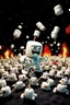 Placeholder: army of marshmallows living angry and armed in a fight with living tomatoes in space with stars around