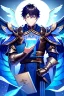 Placeholder: a person in runic armor with blue wings, blue short hair, runic tattoo and spell book, male