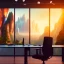 Placeholder: large desk, parquet, sheet of paper, little pen, office chair in front of a huge picture window with large view on a waterfall with warm light, sunset ,pixar style, panorama, nature, globe, HD, Hallelujah mountains, view first person