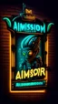Placeholder: Little ambassador tattoo shop sign, banner, intergalactic, sci-fi, neon,retro, alien in hoodie, iron maiden style,