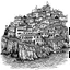 Placeholder: A crowded houses on a steep cliff high above water, black and white, line art