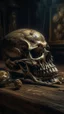 Placeholder: Bosch nightmares paining style Title:a an Alien Skull on an old wooden cracked table , dark color flowers 8k artistic photography, photorealistic concept art, soft natural volumetric cinematic perfect light, chiaroscuro, award-winning photograph, masterpiece, oil on canvas, Raphael, Caravaggio, Greg Rutkowski, people, beksinski, Giger