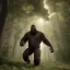 Placeholder: huge giant human hybrid bigfoot, grey black, destroying a tree in forest, angry, big muscles, big teeth, eating deer