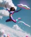 Placeholder: Ultra realistic speed clouds sky scene, wide angle view, sweet women falling down, inflatable color clothing, free jumping flying, many trinkets, hair monster, many jelly beans, balls, color smoke, smile, happy, circus style, extreme, wind, clouds sea, 20,000 feet altitude, stratosphere, soft color, highly detailed, unreal engine 5, ray tracing, RTX, lumen lighting, ultra detail, volumetric lighting, 3d, finely drawn, high definition, high resolution.