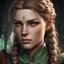 Placeholder: face portrait of a baldur's gate 3 female character. she has a beautiful face. she has a youthful face. she has a small, plump mouth. she has long, wavy, light brown hair. she is a sorcerer. she is human. she has light green eyes. she has some freckles. she has some braids in her hair in a half updo. she has a round face.