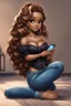 Placeholder: Create a magna art of a black chibi curvy female sitting on the floor looking at her cell phone. She is wearing tight blue jeans and a black off the shoulder blouse. Prominent make up with lush lashes. Highly detailed wavy ombre blonde and brown long hair. She is also wearing silver large hoop earrings