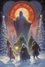 Placeholder: Book cover art for cosmic horror collection of Winter solstice and Christmas stories, titled "A CAROL DARKLY", existential dread, chiaroscuro, by Drew Struzan, by Derek Riggs..