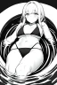 Placeholder: slim girl in a bikini floats in the water, top view, greyscale