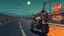 Placeholder: The kebab man driving fast on his holy motorcycle, fire from the exhaust, holy widescreen picture, holy empty road on the holy country at night, comic style, no helmet and he have a long holy black beard, neon kebab signs along the road, jesus stand at his market stand selling holy kebabs, simon stålenhag style, pixel art