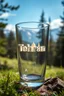 Placeholder: Create hyper-realistic photo of a glass tumbler in a wild forest. Inside, a miniature [Tehran] with landmarks. A trasparrent 3D text of [Tehran] blends naturally into the landscape . Soft bright daylight, reflections, and subtle imperfections like fingerprints. DSLR quality, sharp focus.