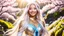 Placeholder: Portrait of a gorgeous smiling asian goddess with a golden dark skin, long smooth white hair, blue eyes, in a sci-fi outfit with luminous strikes in a hill of flowers with sakura trees, a small torrent, loads of mini flowers, moss, sun rays through the branches, particles in the air at spring