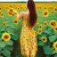 Placeholder: woman standing in sunflower field, back view, wind, long brown hair, yellow dress