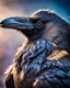 Placeholder: a mesmerizing and vibrant cinematic photograph of a raven in an extreme close-up, positioned in a-profile, showcasing its mysterious demeanor, with some scars on its plumage, slightly ruffled grey feathers underneath, and one of its feathers adorned with an elegant golden detail, as if kissed by sunlight, set against a soft, gradient background that shifts from deep blues to purples, evoking an enchanting atmosphere, with a subtle, cinematic film grain texture, imbuing the image with a sense of