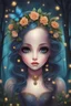 Placeholder: Painting of a beautiful girl, beautiful, haunted forest, flowers on her head, glitter dress, young girl, digital painting, fantasy art, pretty face, inspired by Jeremiah Ketner, illustration, anime portrait, barbie face, big eyes, bright eyes, dream, trees, forest background, dark night, song, glitters background, fantasy, high quality, 8k