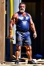 Placeholder: full figure shot photography of a wet sweat beefy and very virile 44-year-old burly turkish construction worker, long beard, in tank top, bulge, works hard very sweaty on a construction site in the sun, underlines the shine of the sweat in the sun's rays and the fatigue of the muscles, manly chest, , big legs, big belly , side view, photorealistic , side light