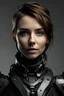 Placeholder: Portrait of a 25 year old sexy woman. Combat armor. Robotic neck and ear. Fierce eyes. Confident smile. Light background. Big eyes.