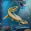 Placeholder: beautiful, stunning paleoart of serpentine eel with alligator head swimming underwater, coral reefs, plants, in the style of eleanor kish, davide bonadonna, julius csotony, fabio pastor, wide field of view, Masosaurus, photorealistic, illustrative, digital art, 8k resolution, detailed matte, painting, artwork, deviantart