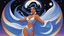 Placeholder: [art by Bruce Timm] With skin the color of moonlit pearls and eyes that shimmer like opals in the sun, the woman genie emerges from the bottle with a grace and majesty that speaks of eons spent in the realm of dreams. Her flowing silken robes, woven from threads of starlight and shadow, billow around her like ethereal wings, and her hair cascades in shimmering waves that catch the light in a dazzling display of otherworldly radiance.