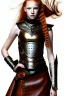 Placeholder: surreal, concept illustration, super-detailed, beautiful teen female who is 16 years old with long ginger hair and freckles with full lips,, full body, full face, athletic, centred camera, ignore NSFW, skimpy brown fantasy leather armor, halter top, thong, knee-high leather boots, open leather skirt, stern expression, cute pose