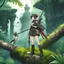 Placeholder: funky manga art of fashion, punkrock, future illustration: Anime girl in jungle with spear and bird companion] A fearless anime girl equipped with survival gear, standing on a moss-covered log in a dense jungle. She wields a spear and is accompanied by a perched bird, surrounded by the ruins of ancient architecture. This scene captures adventure and determination amidst lush greenery.