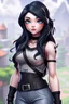Placeholder: Beautiful; stunning; Blue eyes, long wavy black hair, porcelain skin character in fortnite (fortnite video game), (vivid), ((fortnite cartoon character)), fortnite animation, fortnite skin, (tilted towers fortnite map), full body shot, bright and dynamic coloring, (fortnite epic games)