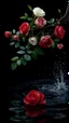 Placeholder: The image is a digital artwork that depicts a branch of tree of Red roses and leaves tangling in to a water in the river with aThe rose floats on the surface of the water, creating a wave-like effect. The background is black, which makes a branch of a tree of white roses stand out even more. Water droplets are scattered adding to the dreamy, ethereal quality of the image. The a