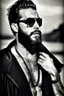 Placeholder: Artistic photo in the audacius style of Jill Greenberg, of man with a luxurious and striking style, abundance of jewelry, oversized sunglasses, neat black beard, prints, desafiant, extravagant, barroque scene , impasto style with thick texture