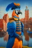 Placeholder: Half parrot half human in a 1700s Orange Dutch uniform next to a Dutch city with blue feathers