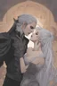 Placeholder: Strahd Von Zarovich being kissed on the neck by a beautiful woman with white hair, wearing an off the shoulder dress. Settling and background are a lavish toomb with an ebony coffin.