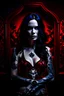 Placeholder: pretty woman, 40 years old, good body, big bub, nice long black haired, red make-up, intense look, little smile, black vinil costume, darkness background, into a very dark house room, poor light, mid light, no lights, tatoos, alone in the dark, bones and skulls, matte illustration, intrincate details, view front angle, close up face.