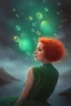 Placeholder: 3D Bubbles, Floating hearts with an electrical current, fog, clouds, somber, ghostly mountain peaks, a flowing river of volcanic Lava, fireflies, a facial portrait of a totally gorgeous woman with short, buzz-cut, pixie-cut red hair tapered on the sides, green eyes, looking directly into your eyes and smiling a bright, happy smile,