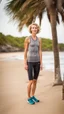 Placeholder: anorexic beautiful 19 year old woman, total shot, grey capri leggins, triathlon top, short blonde wavy bob hair, blurred beach background