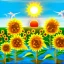 Placeholder:  Bright sun, sunflowers, a sea with dolphins jumping high, and orange trees.